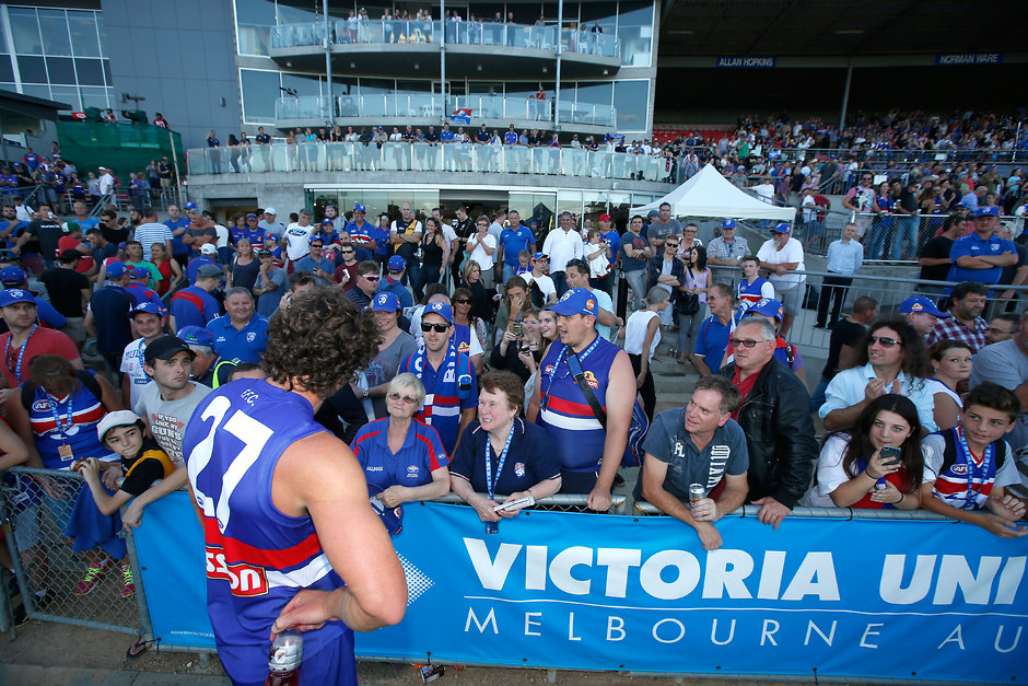 AFL 2015 NAB Challenge - Western Bulldogs v Richmond Will Minson of the Bulldogs speaks with fans after the 2015 NAB Challenge Week 1 match between the Western Bulldogs and the Richmond Tigers at Whitten Oval, Melbourne on February 28, 2015. (Photo: Darrian Traynor/AFL Media)